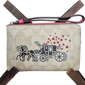 Coach Horse & Carriage With Glitter Hearts Corner Zip Wristlet EUC